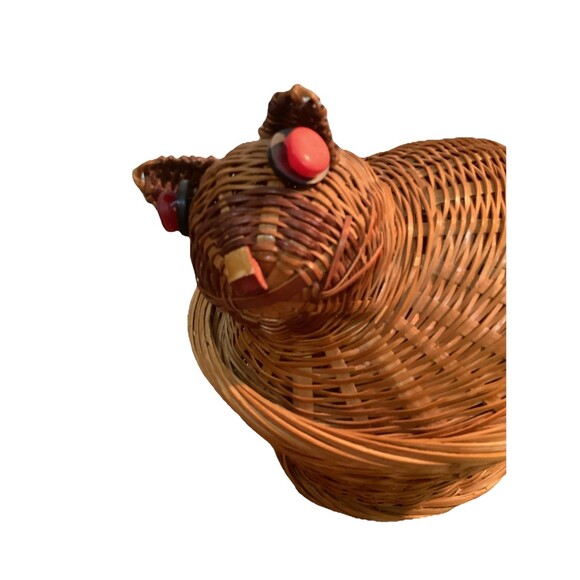 Cute Natural Color Kitty Cat Kitten Woven Basket Removable Lid Red Button Eyes - Picture 2 of 14